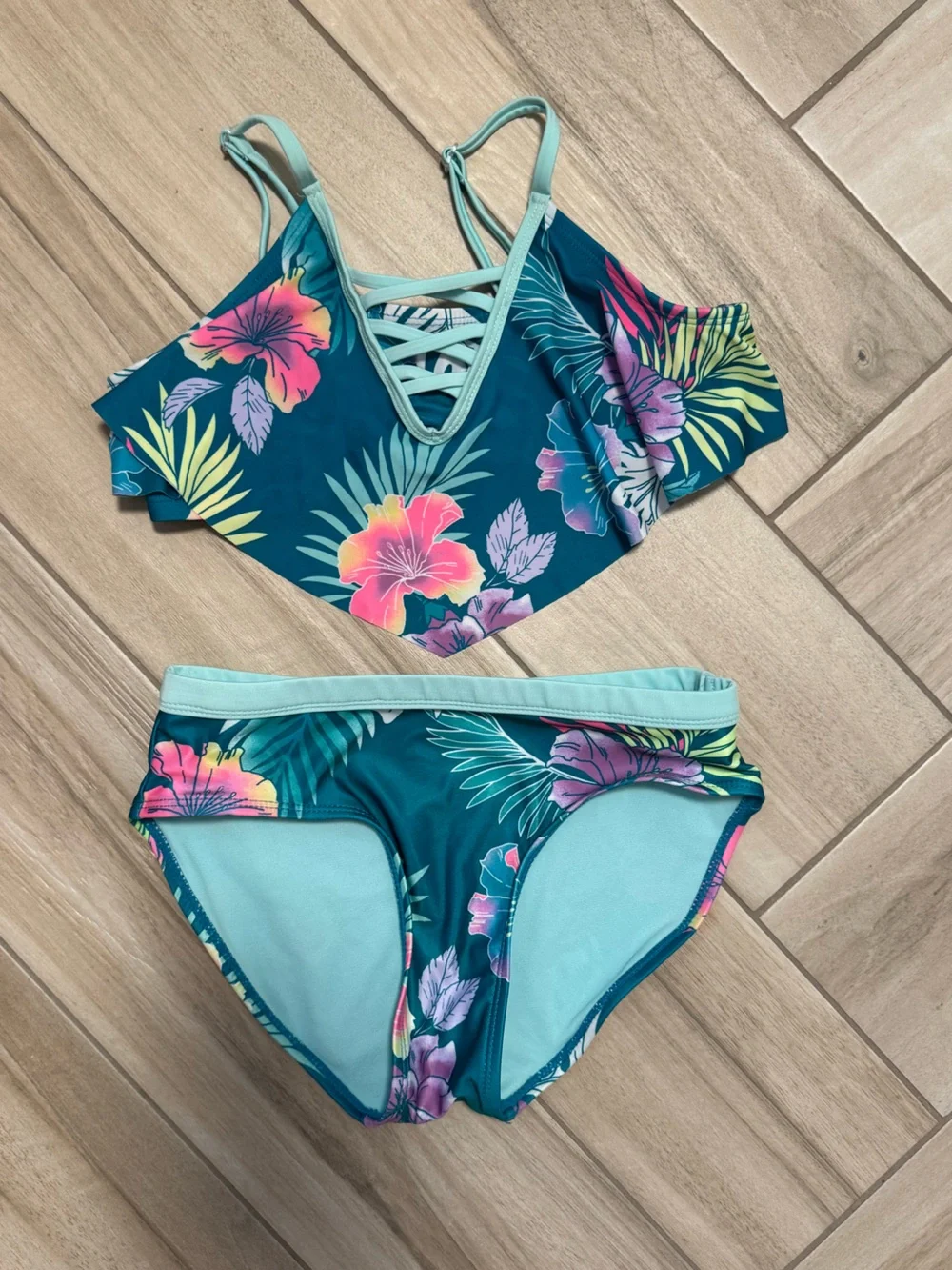 Justice Teal Floral Two-Piece Bikini with Pink & Purple Hibiscus